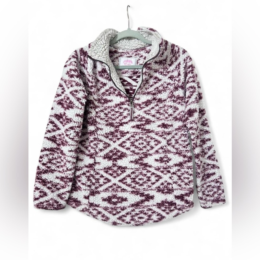 Cozy Sherpa Pullover Women’s Size Small Burgundy & White Aztec Print